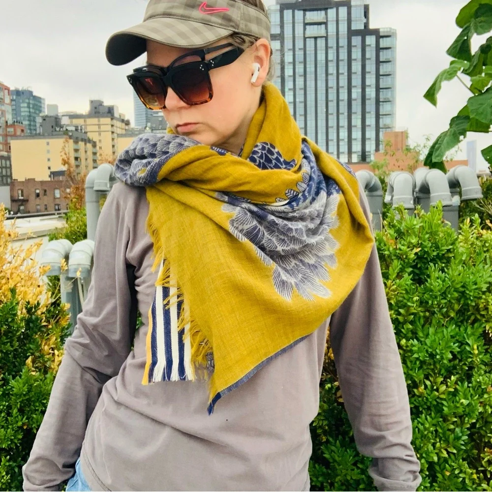 Inouïtoosh Wool Mustard Owl Cat Fringed Blanket Scarf